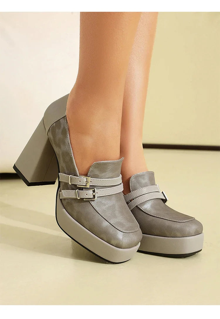 Square Toe Platform Double-Layer Buckle Shallow Sleeve Office Pumps Ultra-High Thick Heel Breathable High Heels