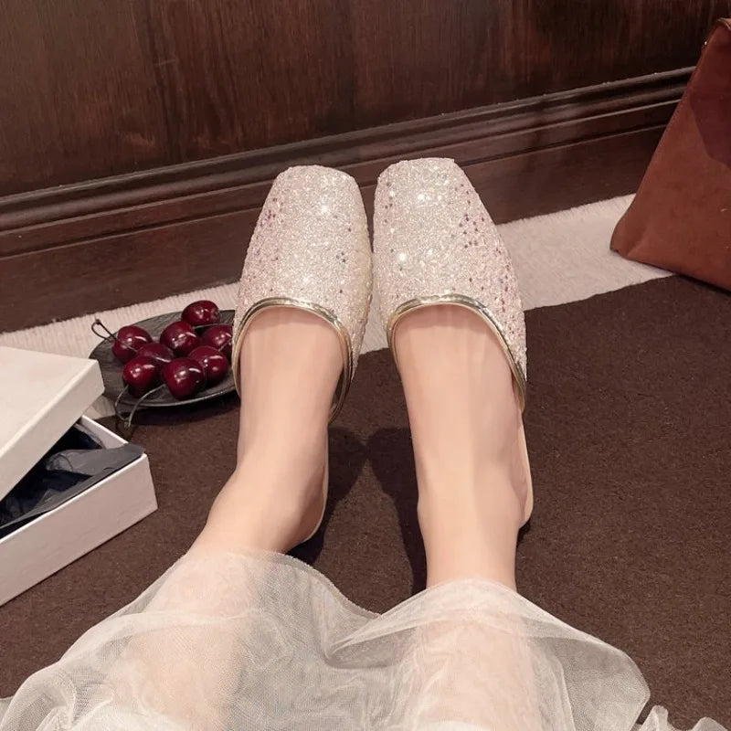 Baotou Slippers Women 2026 Summer Soft Sole Flat with Sequin Lazy Heelless Half Drag Comfortable Pregnant Women Wear Flip-flops