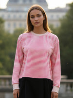 Spring Autumn Casual Loose Tops for Women Long Sleeve Round Neck Loose Fit Striped Print T-shirts