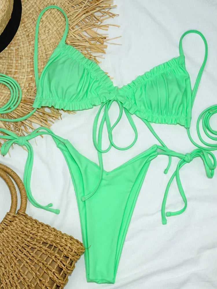 Sexy Ruffle Frilled Micro Thong Bikini 2025 Women Swimwear Female Swimsuit Two-pieces Bikini set String Bather Bathing Suit Swim