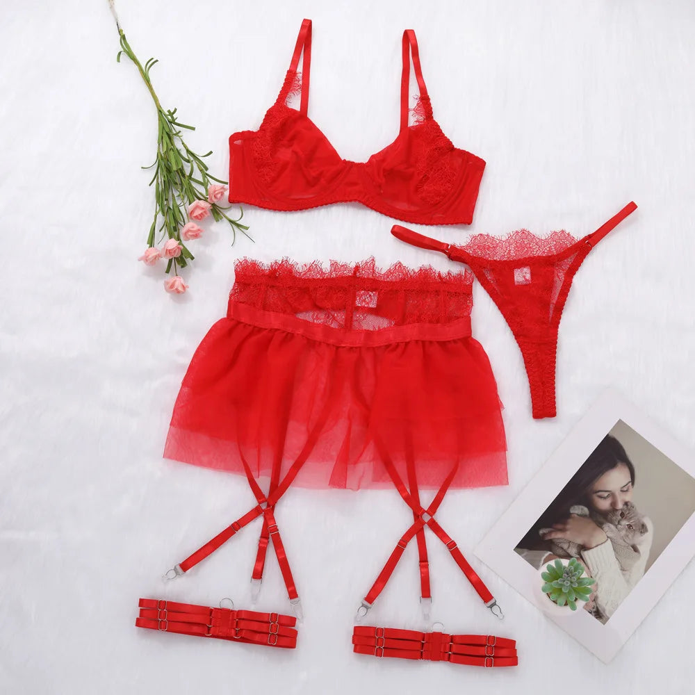 Toucheart 4 Piece Set Sexy Lingerie Set Lace Perspective Bra Women Mesh Patchwork Ruffled Skirt Garter Socks Sexy Underwear Suit