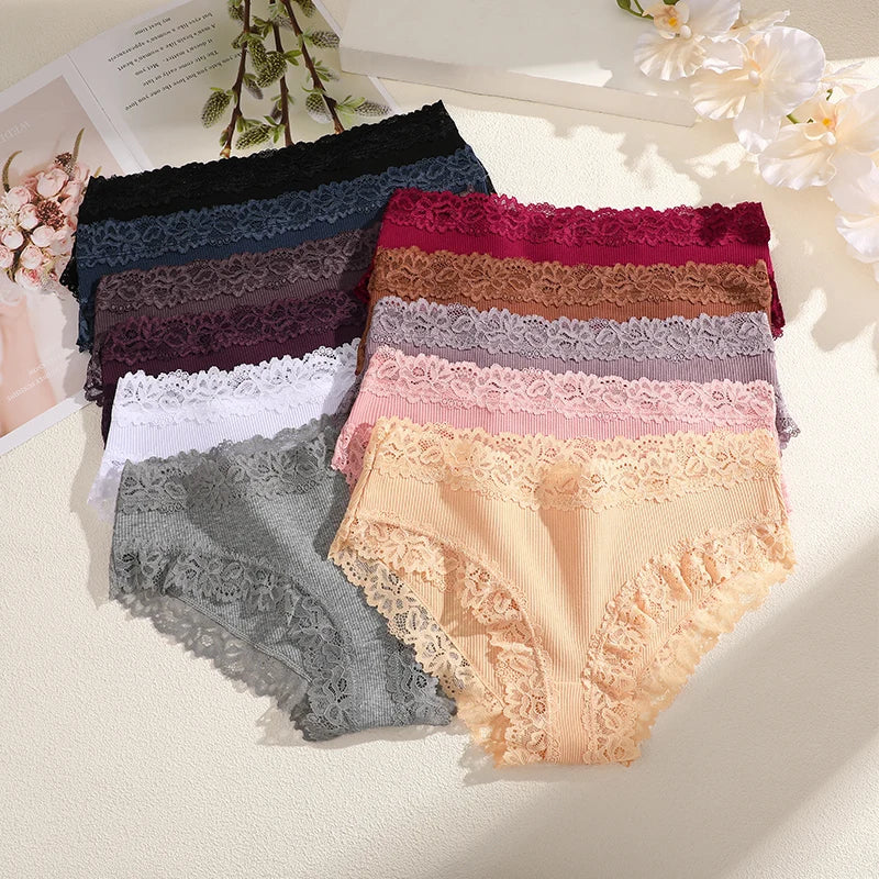 FINETOO 9Pcs/Set Women Lace Hipster Panties Cotton Briefs Soft Stretch Underwear for Ladies Mid Rise Lace Trim Briefs Breathable Multicolor Pantys No‑Show Daily Wear Women Underpants S‑XXL