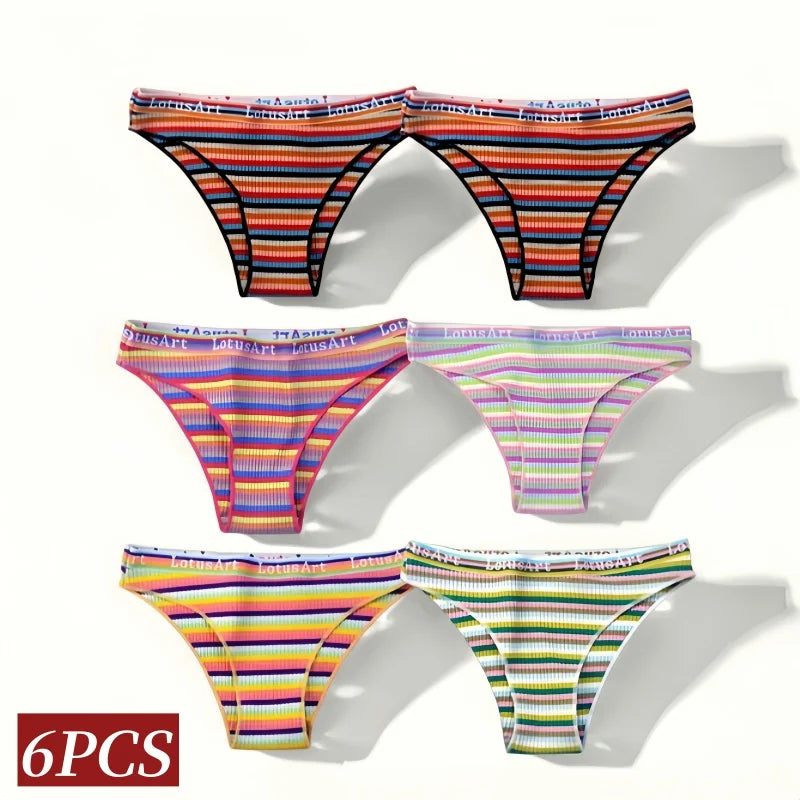 6PCS/Set Cotton Panties For Women Striped Briefs Low Waist Bottoms Female Sports Underpants Seamless Underwear Sexy Lingerie