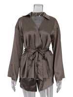 Marthaqiqi Fashion Ladies Nightgowns Suit Turn-Down Collar Robe Lace Up Pajama Long Sleeve Sleepwear Shorts Printing Nightie Set