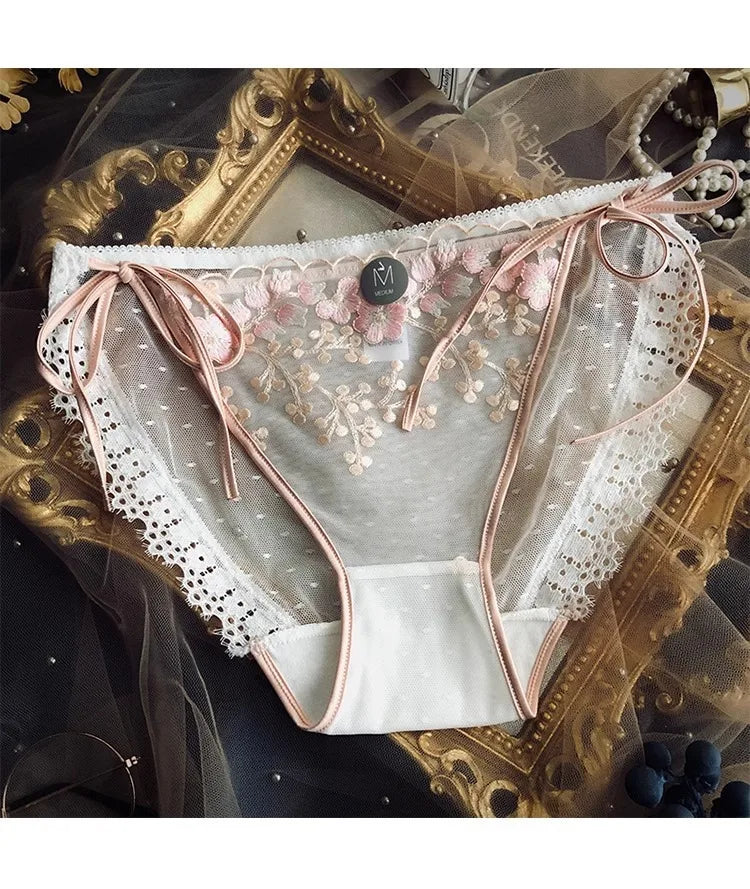 Lace-up Briefs Transparent Lace Panties Women Lingerie Sexy Underwear Low Waist Ropa Mujer Floral Embroidery Lenceria Femenina