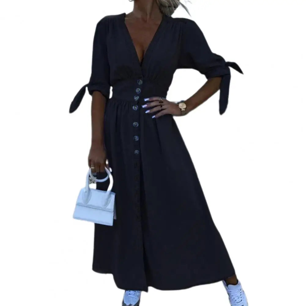 Women's Denim Long Dress Short Sleeve V-Neck Button Down Maxi Dress Casual Jean Dress for Spring Summer