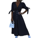 Women's Denim Long Dress Short Sleeve V-Neck Button Down Maxi Dress Casual Jean Dress for Spring Summer