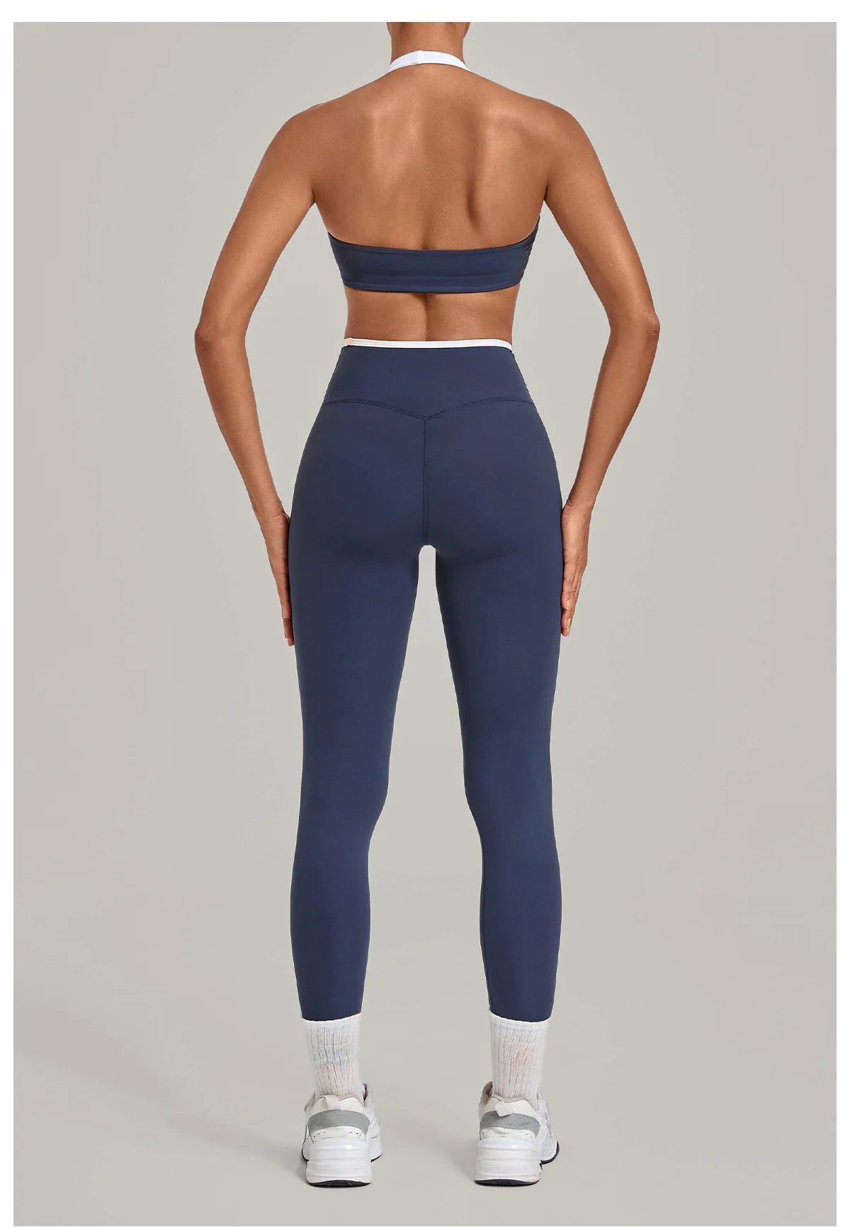 2 Pieces Color-block Yoga Sets WomenHanging Neck Sports Bra High Waist Pants Built-in Pockets Outdoor Fitness Workout Suit