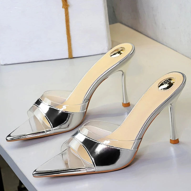 BIGTREE Shoes Women PVC Transparent Shoes for Women Sexy Pointed Open Toe Shallow Slider Slippers Ladies Sandal High Heels Mules