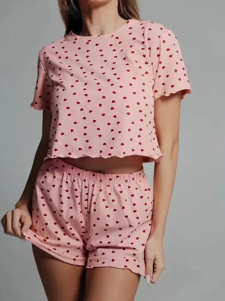 Womens Cute Heart Print Pajama Set Two Piece Short Sleeve Crop Top Ruffle Shorts Sleepwear Loungewear Casual Summer Nightwear 