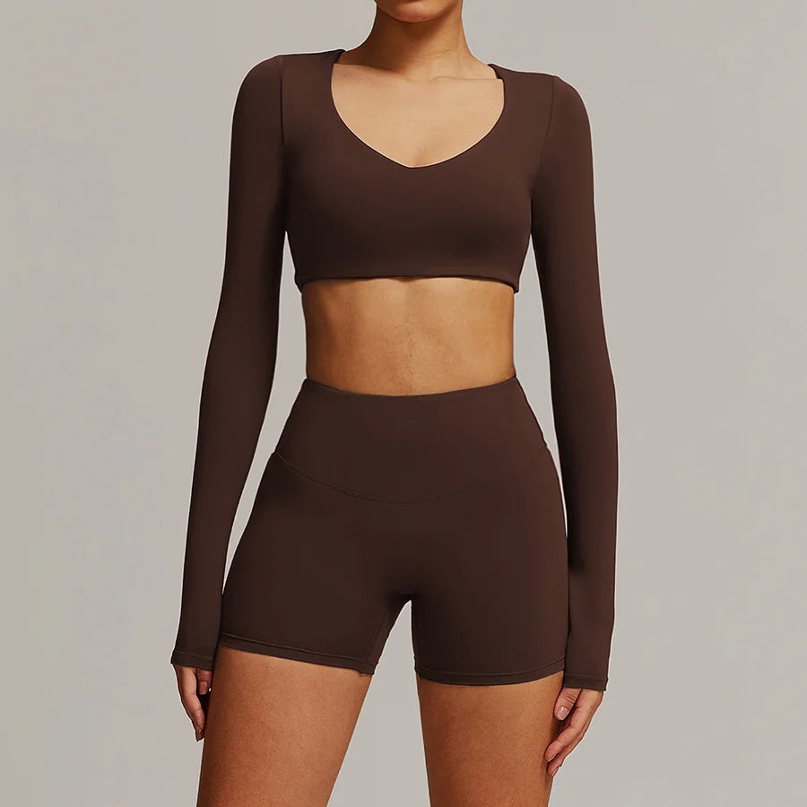 Women 2PCS Yoga Suit Sports Gym Set Tracksuit Workout Long Sleeve Shirt Fitness Flared leggings Short sleeve shorts running suit