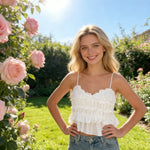 2026 New Women's Solid Color Ruffle Camisole Tie Shoulder Straps V Neck Cropped Chic Casual Fashion Top