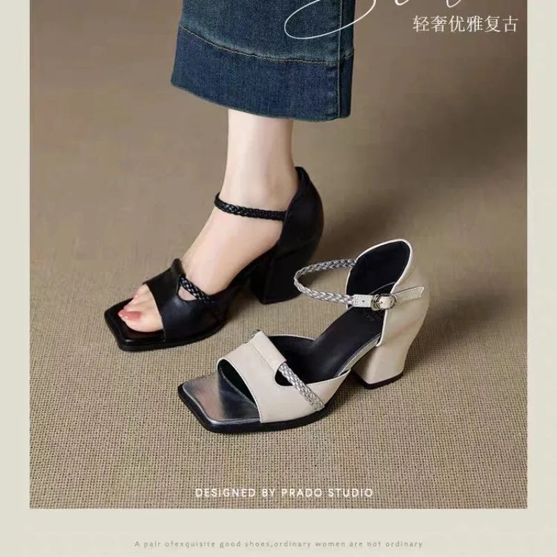 Fashion Leather Women Pumps Shoes Buckle Strap Spring High Heels Sexy Square Toe Summer Sandals