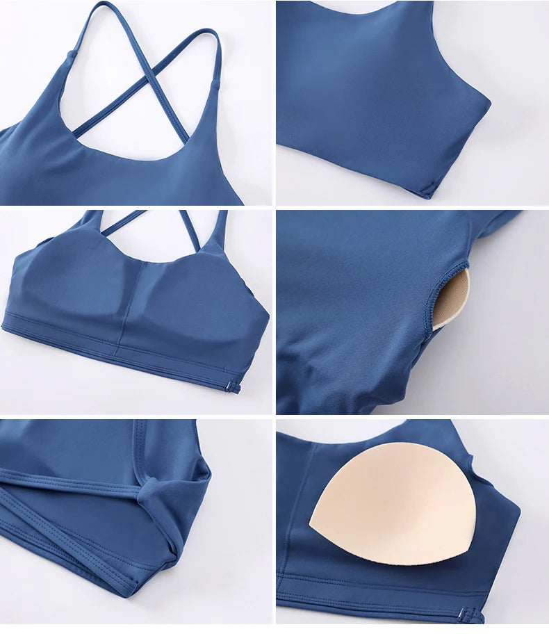 Sexy Soft Fitness Sport Bra Spaghetti Strap Cross Back Hollow Women Top Tight Gym Yoga Underwear Athletic Workout With Chest Pad