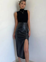 WOMENGAGA High Waist Slim Side Split PU Leather Skirt For Women Spring/Summer Irregular Split One Step Skirt Mid Length 761R