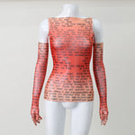 AHAgaga Sexy Tee T-shirt Women 2025 Summer Casual Letter Print Skinny See Through With Gloves Cropped Shirts Women Female Blusas