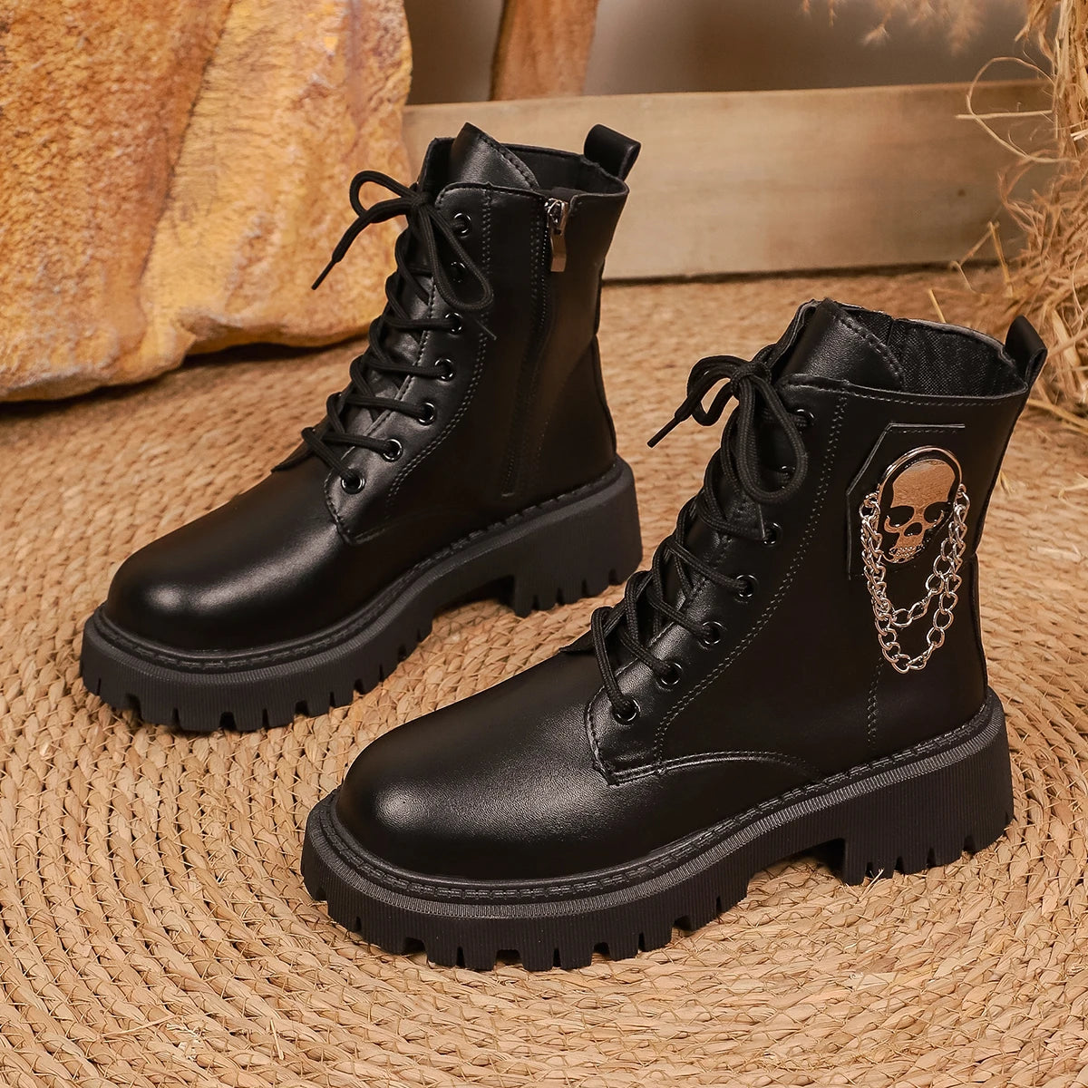 Women Round Toe Lace‑Up Combat Ankle Boots Side Zipper Metal Chain Ornament Thick Lug Sole Stylish Black Platform Short Boots