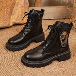 Women Round Toe Lace‑Up Combat Ankle Boots Side Zipper Metal Chain Ornament Thick Lug Sole Stylish Black Platform Short Boots