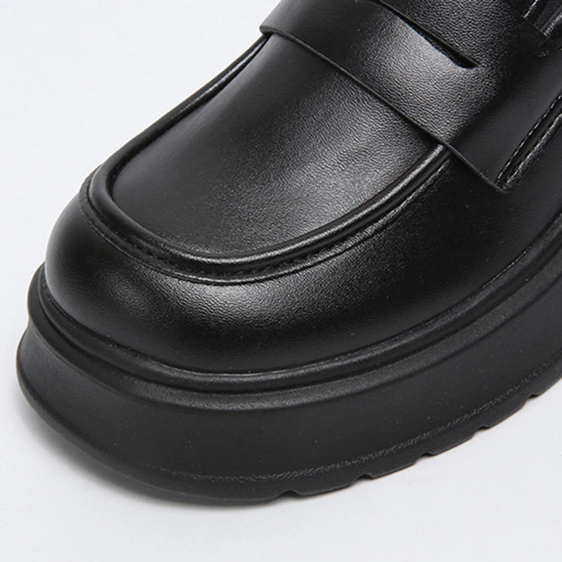 Brown Pu Leather Platform Loafers for Women British Style Round Toe Thick Heel Pumps Woman Slip On High Heels Office Shoes Lady