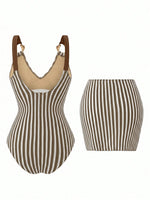 Vintage Black Striped Swimwear Skirts Set Women 2026 Metal Buckle Strap V Neck Slimming Bathing Suit Holiday One Piece Swimsuit