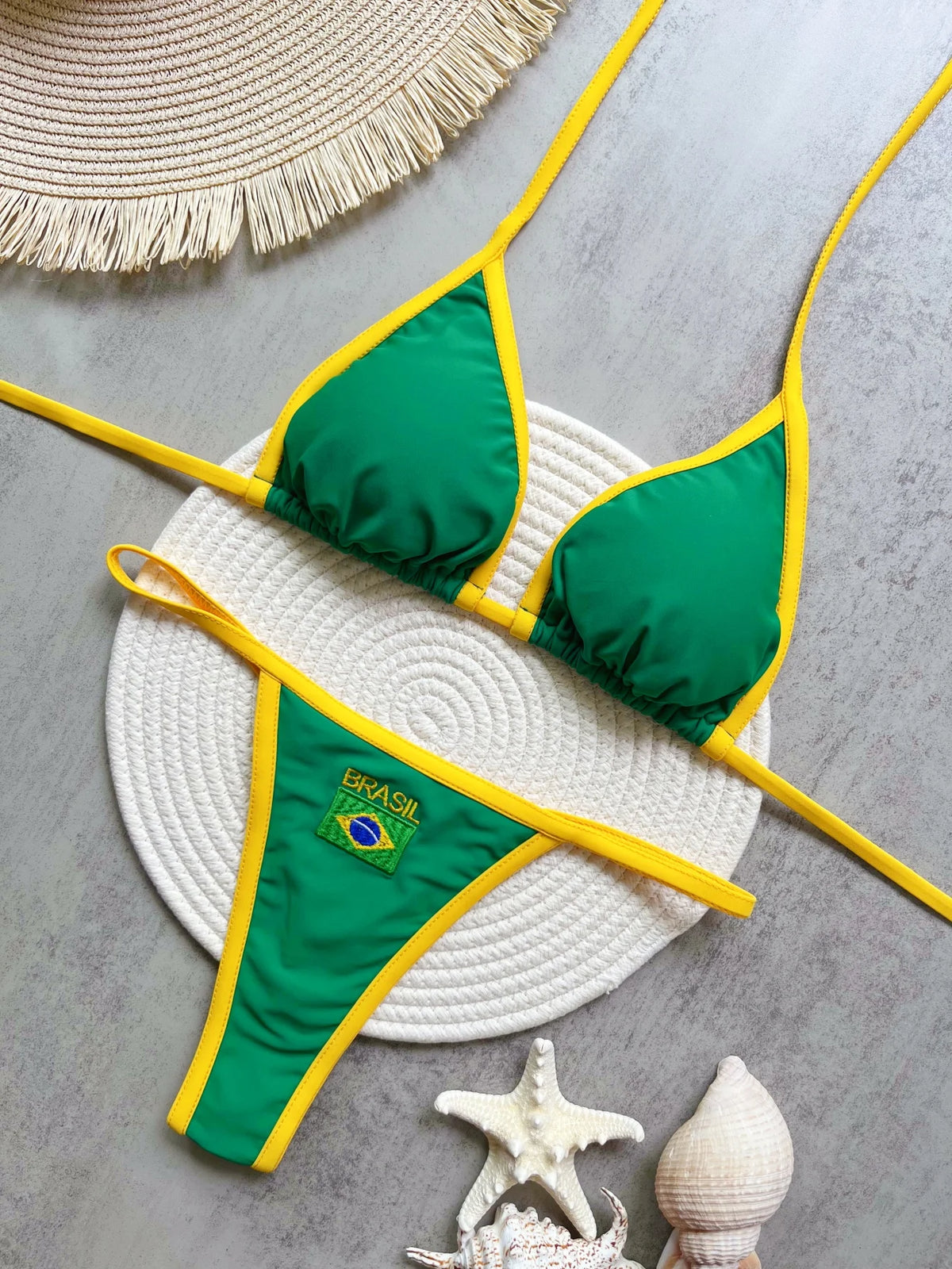 Solid color sexy embroidered Brazilian flag bikini set, women's swimsuit 2-piece set, summer beach bikini