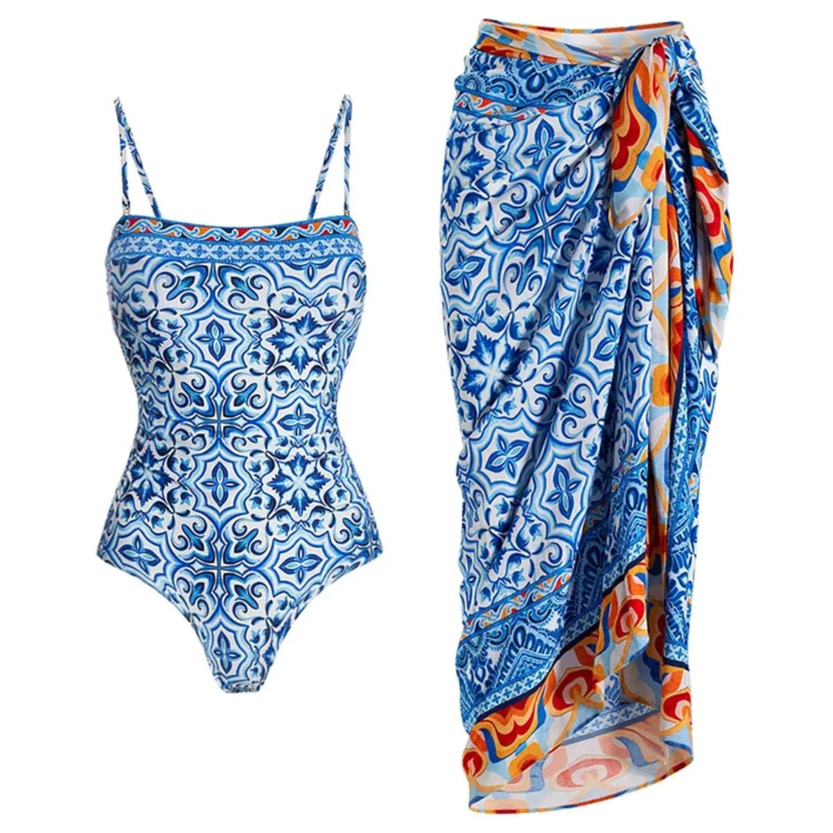 2Pcs Printed Swimsuit Women Sexy Swimwear New Bikini With Long Skirt Female Biquini Push Up Swim Suit Bodysuit Beachwear CoverUp