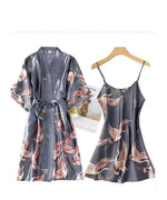 Burgundy Women Faux Silk Kimono Robe Gown Sets Sexy Print Crane Nightdress &Bathrobe Lingerie Nightgown Summer Sleepwear
