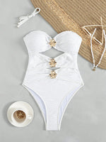 Sexy White Bandeau One Piece Swimsuit 2026 Women Metal 3D Flower Hollow Out Pleate Monokini summer Bathing Suit Holiday Swimwear