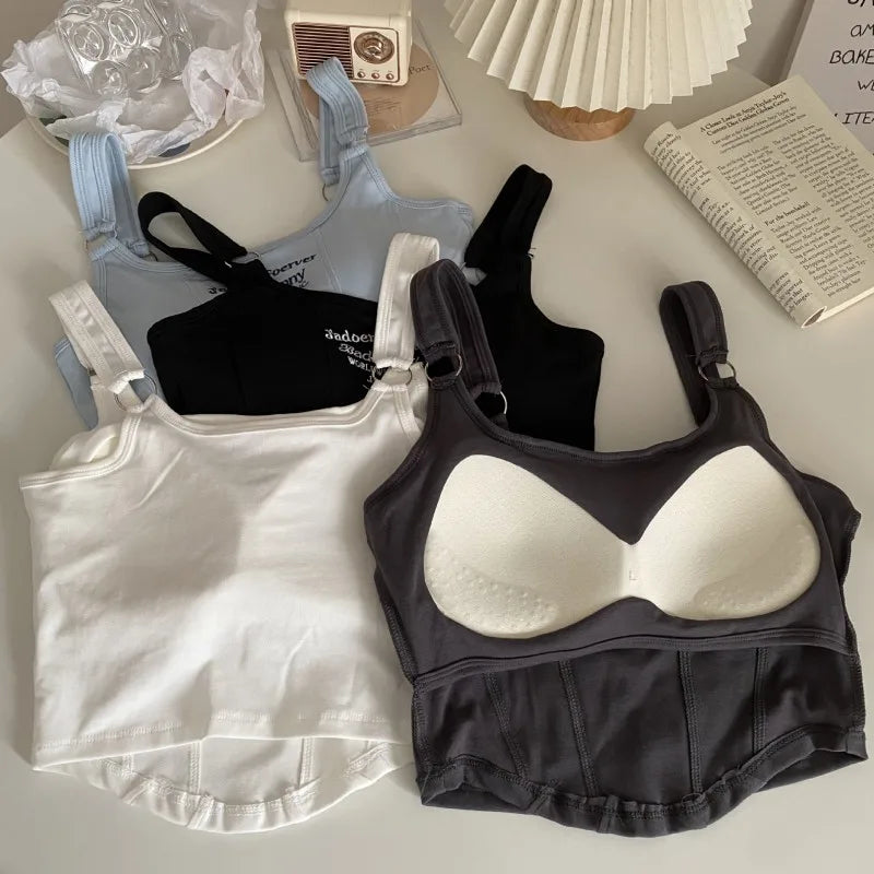 Letter Print Tank Top Women Cotton Bras Tops Hot Girls Streetwear Underwear Built In Bra Small Cup Crop Top Padded Camisole