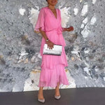 Women's Flowy Chiffon Wedding Guest Dress Ruffle Half Sleeve Empire Waist Ruched Wrap Dress V Neck Tiered Swing Dresses
