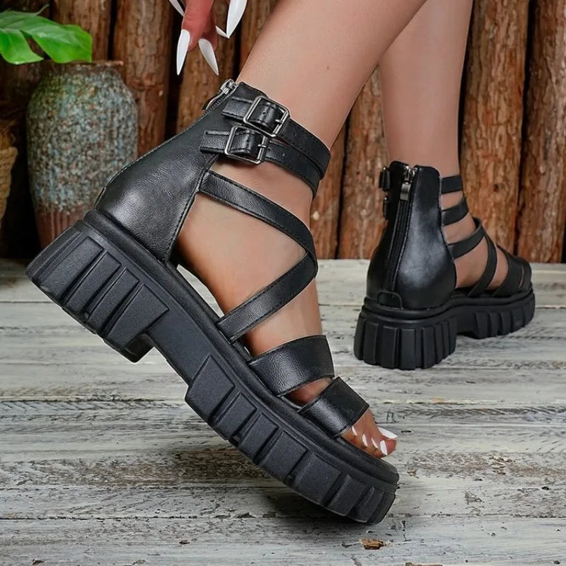 Roman Style Hollow Thick Heel Sandals Women's Large Size Slip-On Beach Sandals PU Material Comfortable Breathable Ladies Shoes