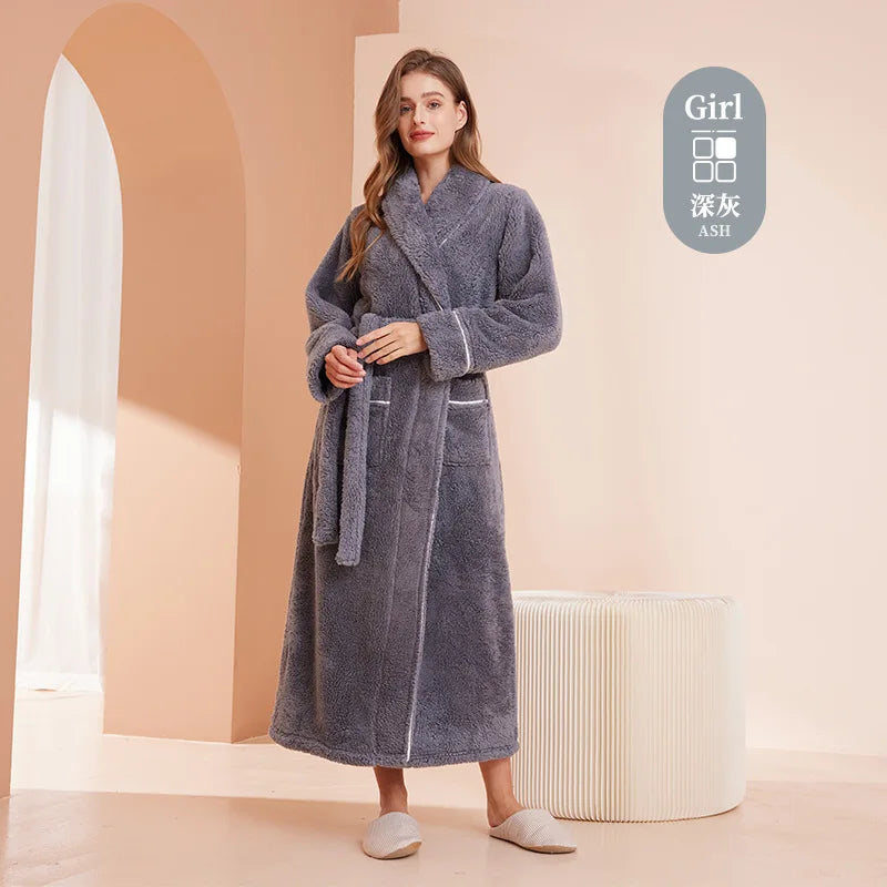 Men's and Women's Styles Winter Bathrobe Long Sleeve Warm Turn Down Collar Fluffy Bath Robe with Sashes Solid Fleece Gown 2025