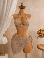 Sexy Mesh Cover Up 3 Piece Bikini Set 2026 Women White Metal Circle Push Up Bra Thong Swimwear Holiday Bathing Suit Swimsuit