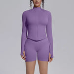 Women's Seamless Yoga Sets Sports Fitness Gym Zipper Long-Sleeve Jacket Hip Lift High-Waist Shorts Suits Workout Training Sets