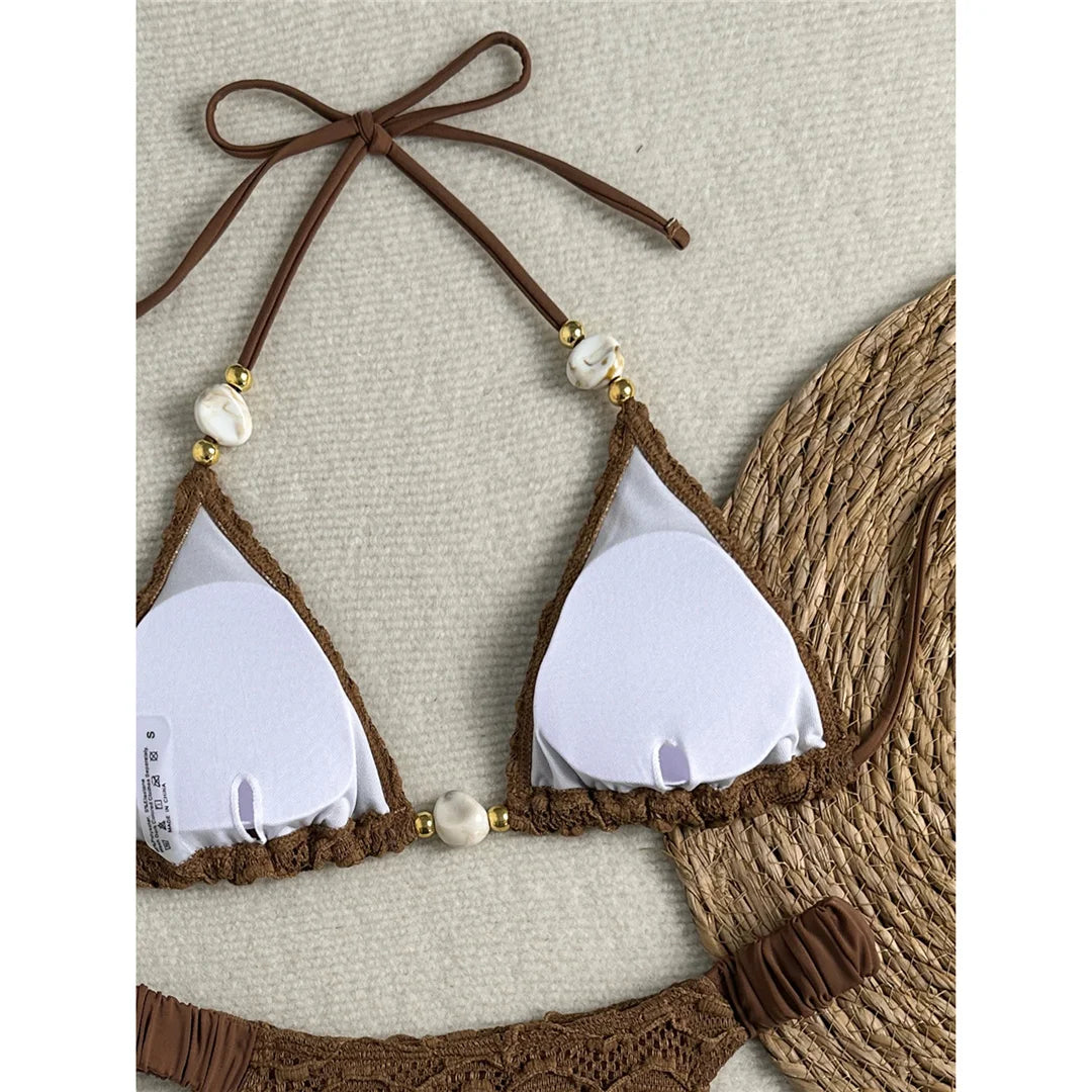 2026 Wrinkled Crinkled Halter Bikini Women Swimwear Female Swimsuit Two-pieces Bikini set Padded Bather Bathing Suit Swim V8135