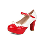 Plus Size Crossed Thin Ribbon Bow Shallow High-Heeled Shoes Patent Leather Splicing White PU Sweet Lolita Style Pumps