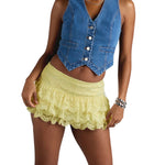 Women Summer Solid Color Mini Skirts Casual ElegantLow Rise Layered Ruffle Lace Skirt for Beach Vacation Club