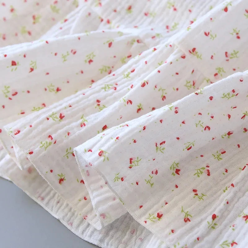 Women's 100% Cotton Crepe Gauze Nightgown Floral Sleeveless Spaghetti Strap Knee-Length Summer Home Sleep Dress M-XL