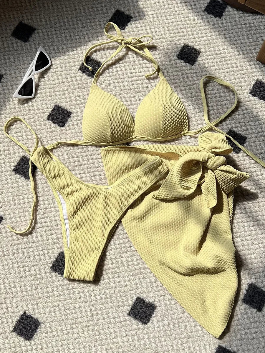With Skirt Wrinkled Bra Cup Bikini Female Swimsuit Women Swimwear Three-pieces Bikini Set Push Up Bathing Suit Swim Beachwear