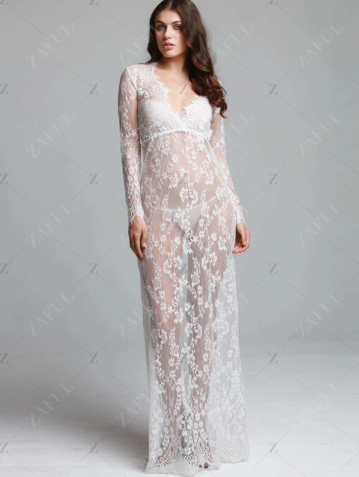 Sexy See Through Lace Long Dresses For Women Deep V-neck Solid Color Maxi Dress Fashion Streetwear Party Night Club Vestidos New