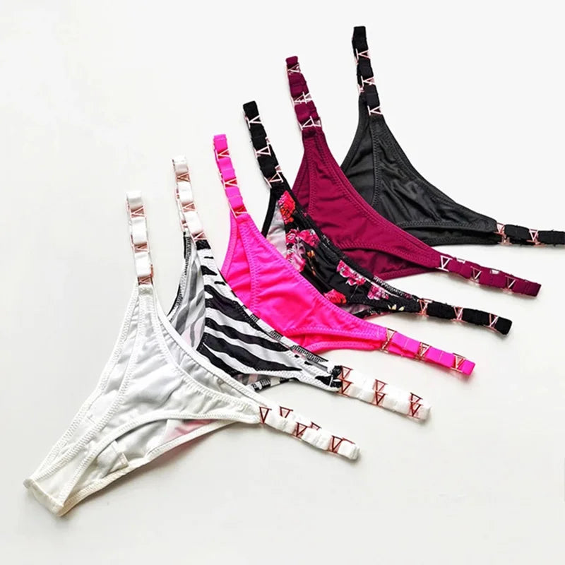 Sexy Thong for Women Underwear Briefs Seamless Panties Flower Low Rise Luxury Metal Buckle G String Bikini Girls T Pants Panty