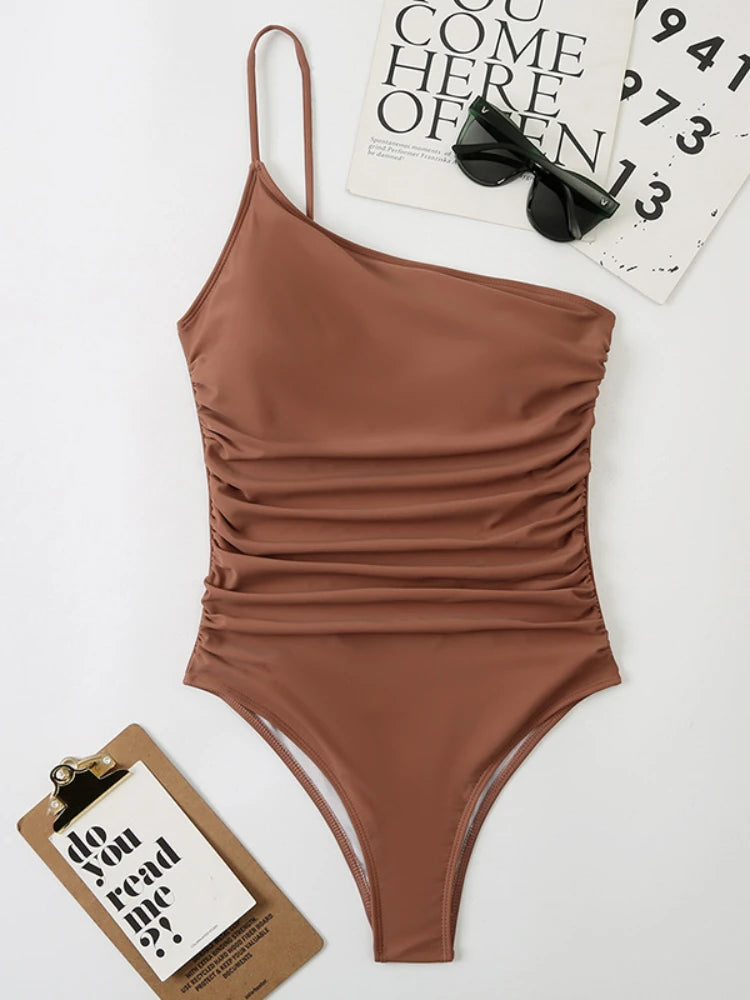 2026 Sexy One Shoulder One Piece Swimsuit 2022 Women Solid Black Neon Green Push Up Padded Bathing Suit Pleate Swimwear Monokini