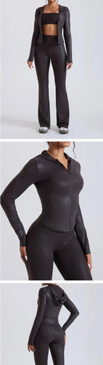Women's Nude Faux Leather Yoga Top Windproof Tight Fitting Slimming Waist Cinching Zipper Sports Jacket Outdoor and Fitness Top