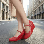 2026 Small Big Size 32-48 Vintage Green 7cm High Heels Wedges Pumps White Red Comfy Walk Summer Mary Janes Brogue Shoes Women