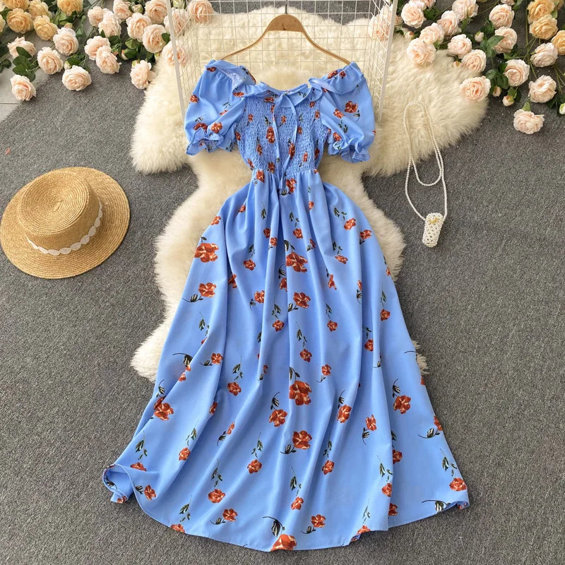 2025 Summer French Vintage Floral Dress Fashion Elegant High-Waisted Drawstring Vestidos Printed Fresh And Sweet Long Dresses