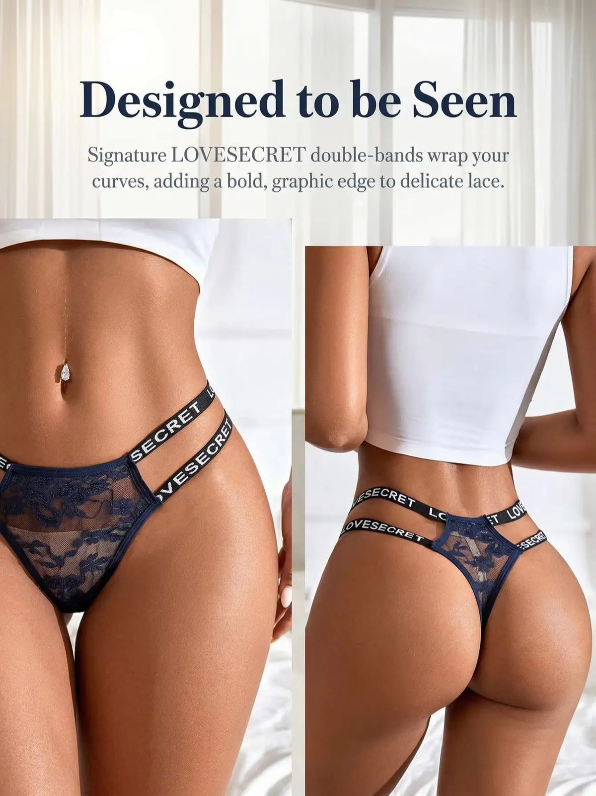 Low-Rise Letter Lace Thong Sexy-Style Blue Floral Embroidery Underwear Breathable Thong C856