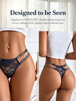 Low-Rise Letter Lace Thong Sexy-Style Blue Floral Embroidery Underwear Breathable Thong C856