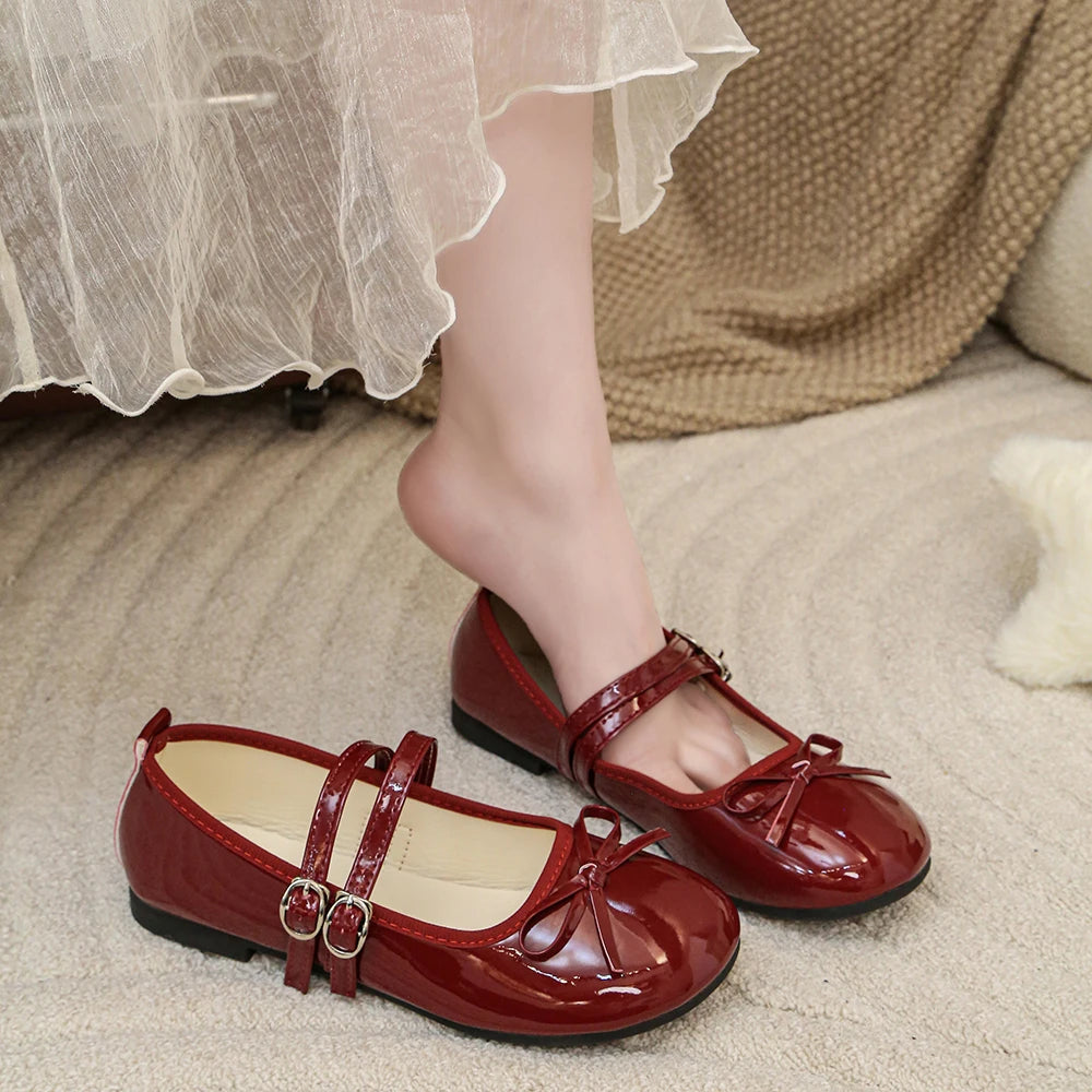 Women Bow Mary Jane Flats Double Strap Buckle Round Toe Patent Leather Sweet Retro Ballet Dress Shoes Multi‑color