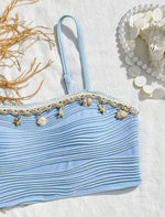 New Shell Starfish 3 Pieces Bandeau Bikini Set Swimsuit Women Blue Swimwear with Sarong Skirts Swim Dress Beachwear Bathing Suit