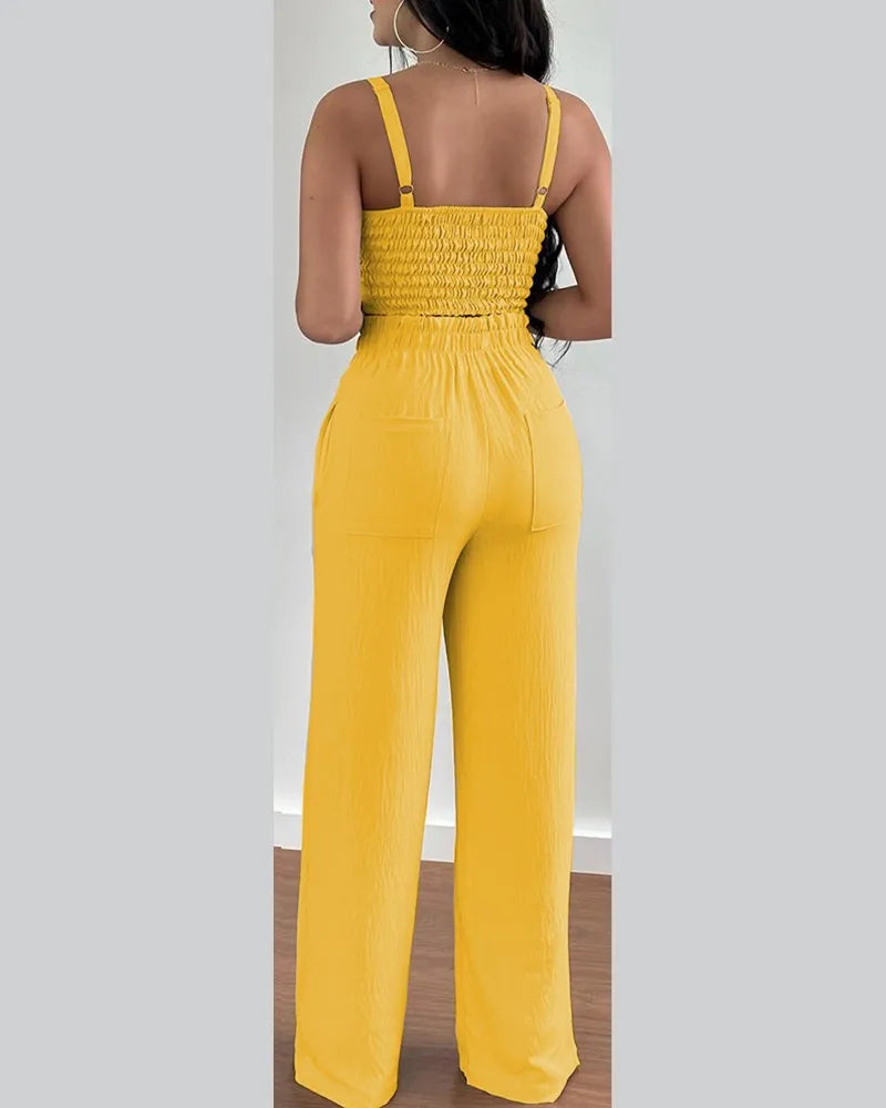 Women's Two Piece Sets Fashion Print Halter V-Neck Short Tank Suit Tops Long Pants Matching Set Summer Casual Female Slim Pants